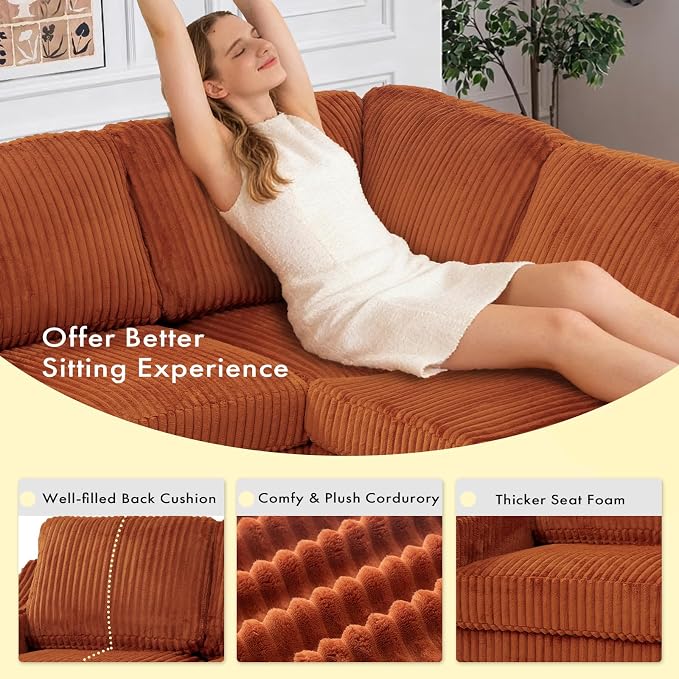 115 Inches Corduroy Sectional Sofa with Storage Ottoman, Modern 7 Seats Corner Couch with Deep Seat, Comfy Modular U Shaped Couch with Comfortable Cushions for Living Room, Orange