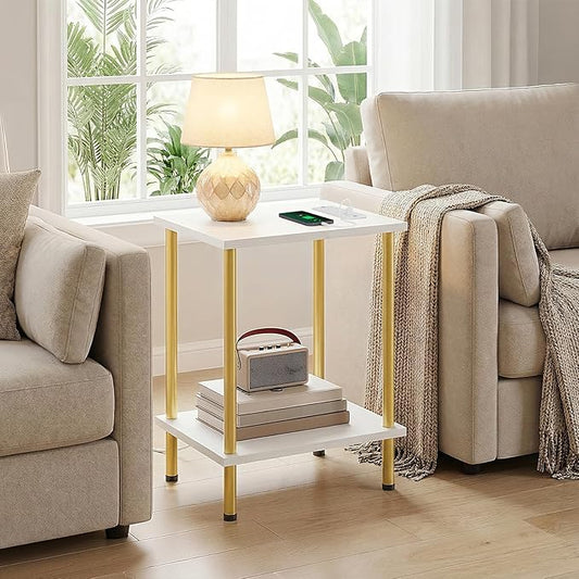HOOBRO Side Table with Charging Station, End Table with USB Port and Outlet, Nightstand with 2-Layer Storage Shelves for Small Spaces, Living Room, Bedroom, Stable Frame, White and Gold DW09UBZ01