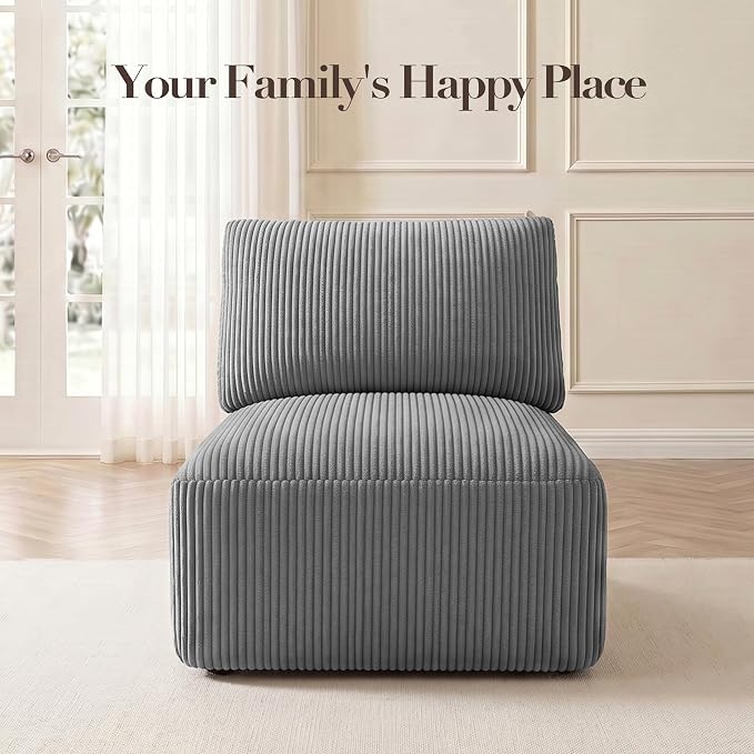 Modular Sectional Sofa Extension, Armless Memory Foam Cloud Chair, 31" Boneless Corduroy Upholstered Single Seat, No Assembly Required Accent Chair for Living Room Apartment Home Decor, Grey