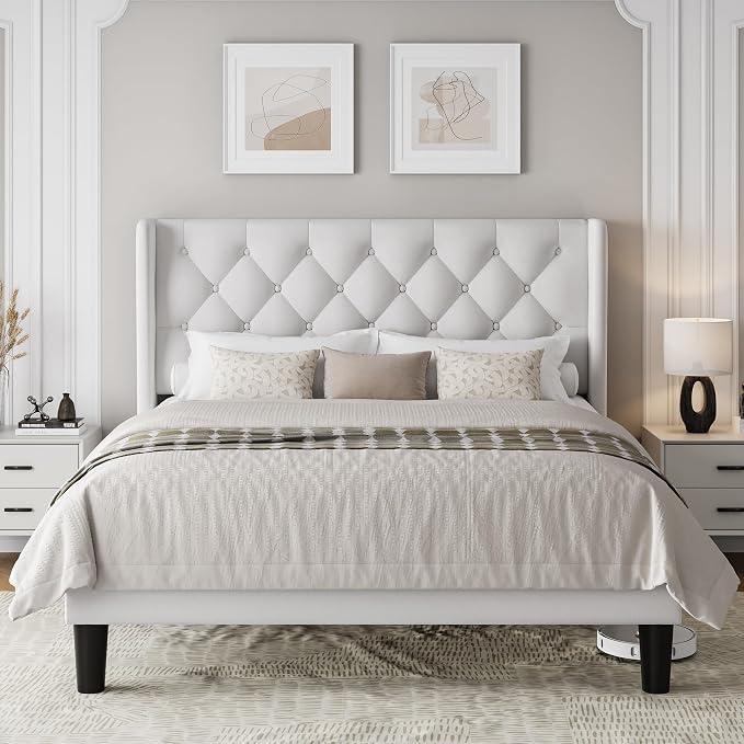 Einhomn Queen Size Platform Bed Frame with Velvet Upholstered Wingback Headboard, 10" Under Bed Space, Wooden & Metal Slats Support, No Box Spring Needed, White