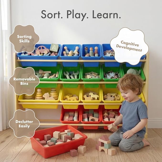 Humble Crew Toy Storage Organizer with 20 Removable Storage Bins for Kids Playroom, 4-Tier Toddler Toy Organization, Natural/Primary