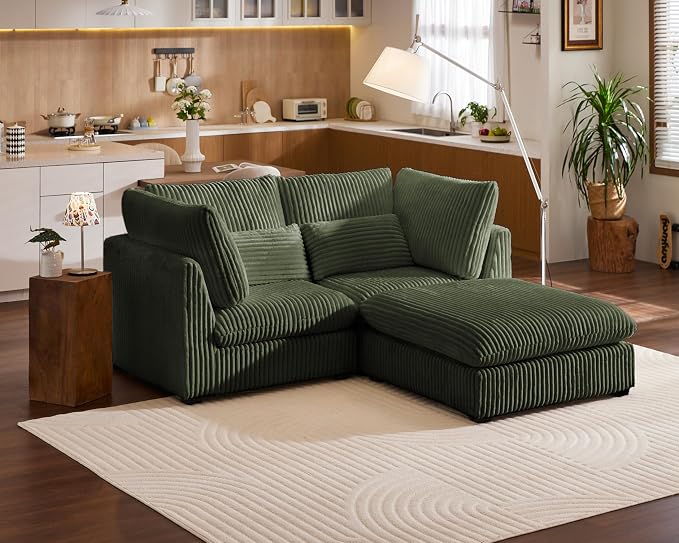 77" Oversized Corduroy Couch Modular Sectional Sofa, Washable Cloud Couch Sectional with Ottoman, 3 Seater Sectional Couches for Living Room, Fully Cover Removable, L Shaped, Corduroy, Green