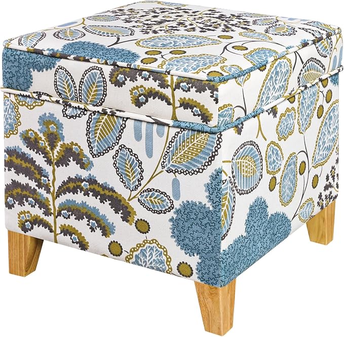 Adeco 18 Inch Linen Storage Ottoman Cube, Upholstered Footstool for Living Room & Bedroom, Vanity Stool with Safety Hinge Lid & Solid Wood Legs, 2-Min Assembly, Blue Leaves