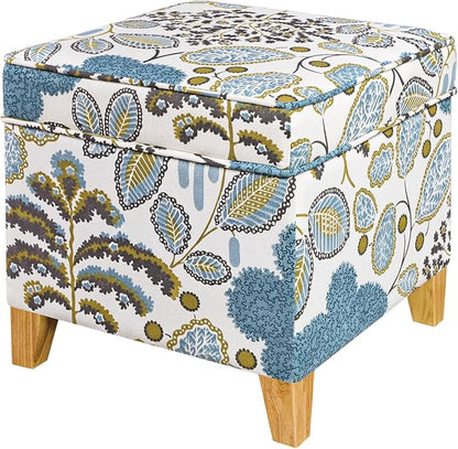 Adeco 18 Inch Linen Storage Ottoman Cube, Upholstered Footstool for Living Room & Bedroom, Vanity Stool with Safety Hinge Lid & Solid Wood Legs, 2-Min Assembly, Blue Leaves