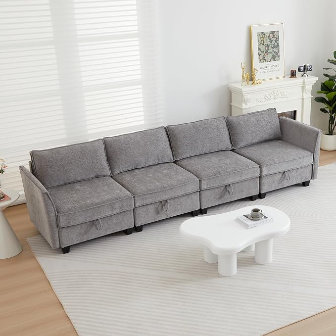 Modular Sectional Sofa, Convertible Couch with Storage, 4 Seater Sofa Modular with Reversible Chaise for Living Room, Office (Grey)
