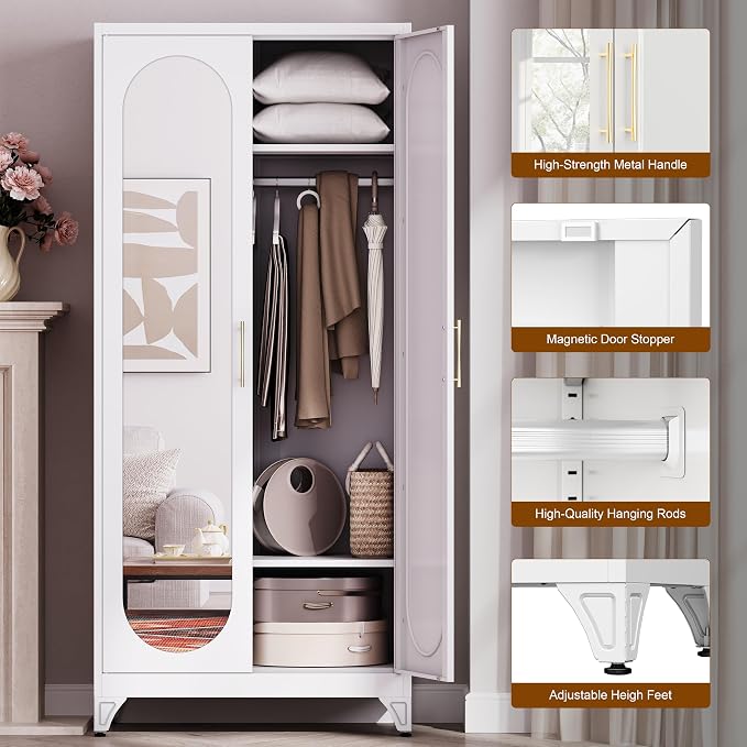 UNICOLY Metal Wardrobe Cabinet with Mirror Doors，71" Tall Armoire Wardrobe Closet with Hanging Rod and Adjustable Shelves，White Clothing Storage Cabinets for Bedroom, Living Room,Office