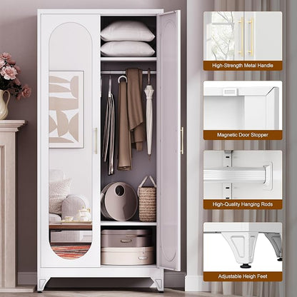 UNICOLY Metal Wardrobe Cabinet with Mirror Doors，71" Tall Armoire Wardrobe Closet with Hanging Rod and Adjustable Shelves，White Clothing Storage Cabinets for Bedroom, Living Room,Office