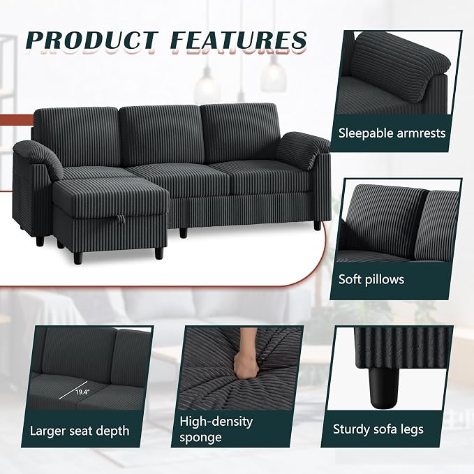 Vongrasig 79" Convertible Sectional Sofa Couch, 3 Seat L Shaped Sofa with Ottoman Corduroy Fabric Small Couch Mid Century for Living Room, Apartment and Office (Gray)