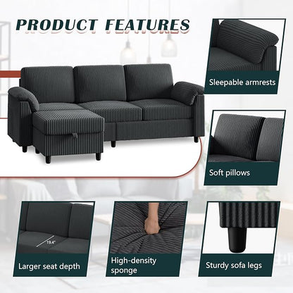 Vongrasig 79" Convertible Sectional Sofa Couch, 3 Seat L Shaped Sofa with Ottoman Corduroy Fabric Small Couch Mid Century for Living Room, Apartment and Office (Gray)