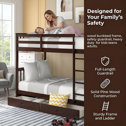 Merax Twin-Over-Twin Bunk Bed with Two Storage Drawers, Solid Wood Twin Size Bunk Bed with Guardrial and Removble Ladder, Can be Converted Into 2 Separate Beds, Espresso