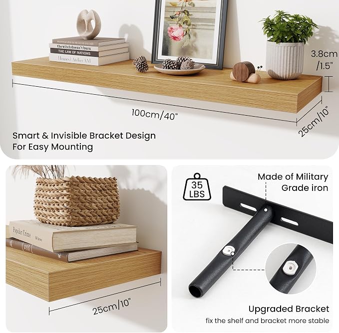 Fun Memories Floating Shelves Set of 2, 40 Inch Long Wooden Wall Shelves, 10 Inch Deep Wall Mounted Storage Shelf with Metal Brackets for Living Room, Bathroom, Bedroom and Kitchen, Oak