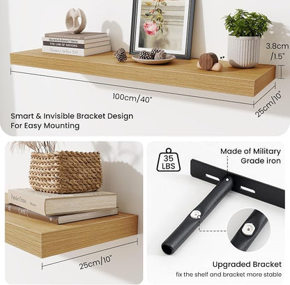 Fun Memories Floating Shelves Set of 2, 40 Inch Long Wooden Wall Shelves, 10 Inch Deep Wall Mounted Storage Shelf with Metal Brackets for Living Room, Bathroom, Bedroom and Kitchen, Oak