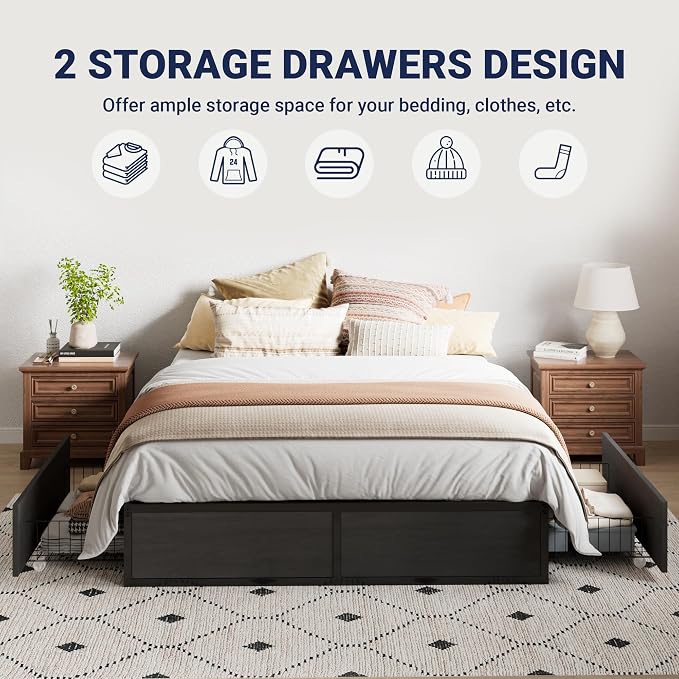 Allewie Queen Size Metal Bed Frame with 2 Storage Drawers, Heavy-Duty Steel Frame with MDF Wood Panels, Flexible Drawer Placement, Easy Assembly, Noise-Free Support, Black