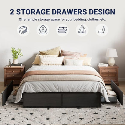 Allewie Queen Size Metal Bed Frame with 2 Storage Drawers, Heavy-Duty Steel Frame with MDF Wood Panels, Flexible Drawer Placement, Easy Assembly, Noise-Free Support, Black