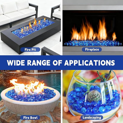 10 Pounds Fire Glass Beads,3/4 Inch High Luster Round Fire Glass for Gas Fireplace, Fire Pit Table,Landscaping, Caribbean Blue