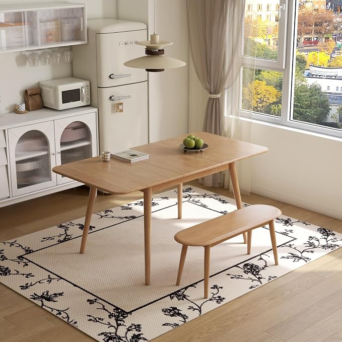 47’’-63’’ 100% Oak Extendable Dining Table and Bench Set for 2, Solid Wood Folding Kitchen Table, Mid Century Modern Dinner Table for Kitchen, Living Room, Natural (47''-63''+39''Bench)