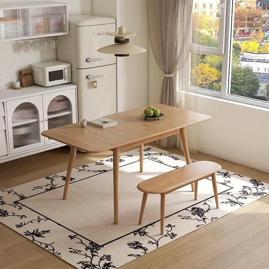 47’’-63’’ 100% Oak Extendable Dining Table and Bench Set for 2, Solid Wood Folding Kitchen Table, Mid Century Modern Dinner Table for Kitchen, Living Room, Natural (47''-63''+39''Bench)