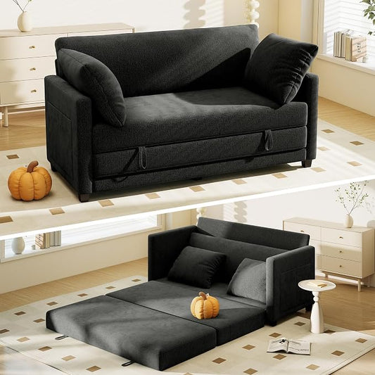 Myroyalsit 65" Convertible Loveseat Sofa Bed, 2-in-1 Folding Sofa Bed with 2 Pillow for Small Spaces, Modern Loveseat Sleeper Couch for Apartment, Living Room & Guest Room (Black Chenille, 65 inch)