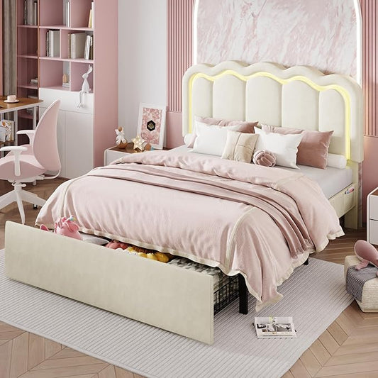 SHA CERLIN Upholstered Full Size Bed Frame with LED Lights and Large Storage Drawer, Velvet Platform Bed with Adjustable Wavy Headboard, Noise Free, Easy Assembly, No Box Spring Needed, Soft Cream