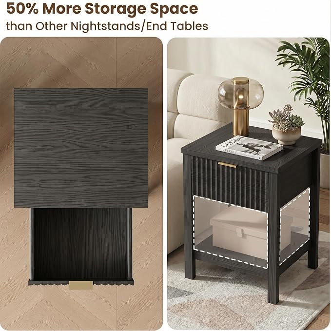 Fluted Night Stand with Golden Handle,Mid-Century Nightstands with Drawer,Modern Bedside Table with Storage Shelf,Large Wood End Tables for Livingroom,Bed Side Tables for Bedroom,Black