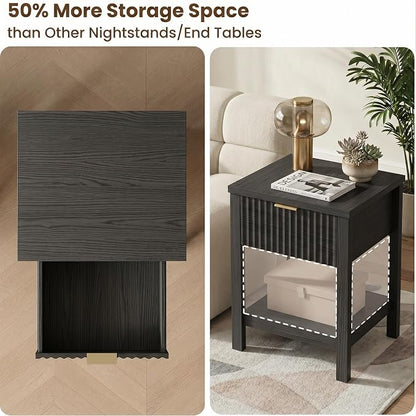 Fluted Night Stand with Golden Handle,Mid-Century Nightstands with Drawer,Modern Bedside Table with Storage Shelf,Large Wood End Tables for Livingroom,Bed Side Tables for Bedroom,Black