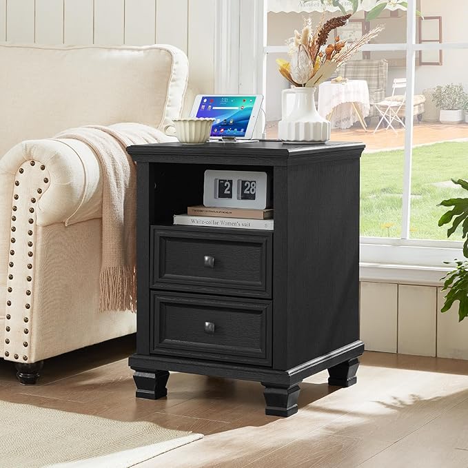 SAVOR LIFE Farmhouse Side Table with Charging Station, Rustic Black Nightstand with Drawers, Bedside Table with Open Shelf for Bedroom, Black