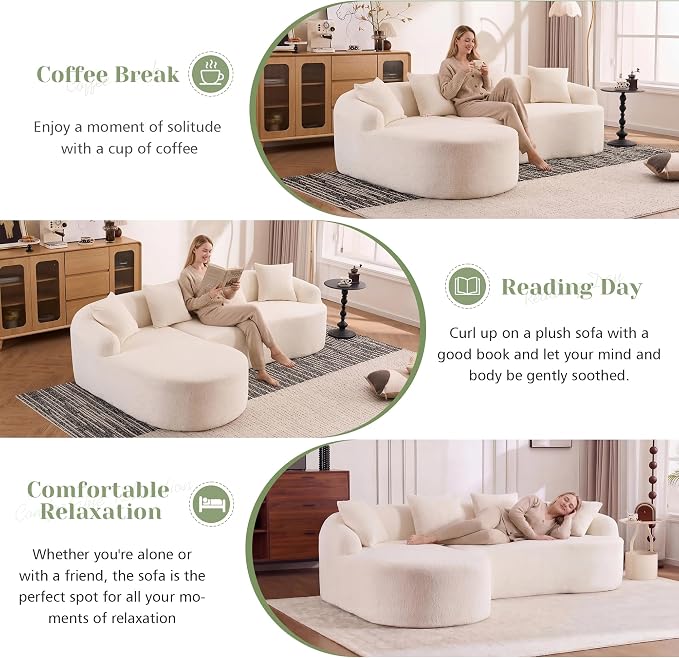 99" Curved Sofa with L-Shape Chaise,Modern Cloud Curved Couch with Deep Seat,No Assembly Required,Upholstered Oversized Couches for Living Room,Apartment (White, 99Inch)