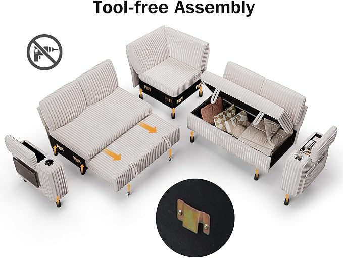 WEUP 86" Modular Sectional Sleeper Sofa with Pull Out Bed, 5 Seat Plush Corduroy L Shaped Couch with USB Ports|Cup Holders|Side Table|Storage Seat Armrests, Tool Free Assembly, Beige