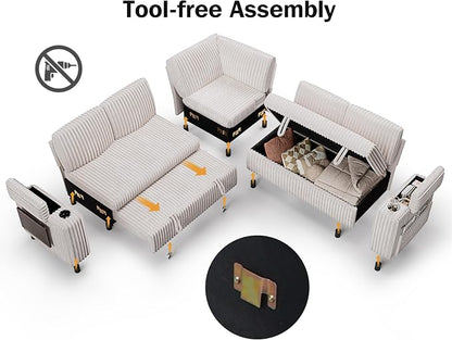 WEUP 86" Modular Sectional Sleeper Sofa with Pull Out Bed, 5 Seat Plush Corduroy L Shaped Couch with USB Ports|Cup Holders|Side Table|Storage Seat Armrests, Tool Free Assembly, Beige