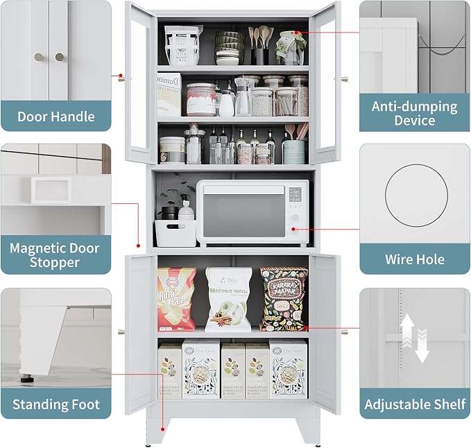 69" Tall Metal Pantry Cabinet with Microwave Stand,Microwave Storage Cabinet with 4 Doors & 3 Adjustable Shelves for Kitchen (4 Glass Doors-White, 13.78" D x 27.54" W x 68.9" H)