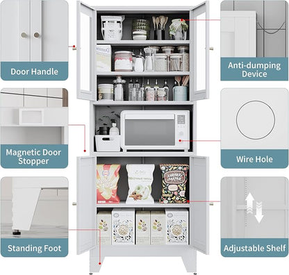 69" Tall Metal Pantry Cabinet with Microwave Stand,Microwave Storage Cabinet with 4 Doors & 3 Adjustable Shelves for Kitchen (4 Glass Doors-White, 13.78" D x 27.54" W x 68.9" H)