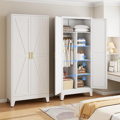 Metal Armoire Wardrobe Closet, 71" Steel Clothing Storage Cabinet with 2 Doors, Hanging Rod & Shelves, Bedroom Armoire Closet, White Wardrobe Cabinets for Bedroom