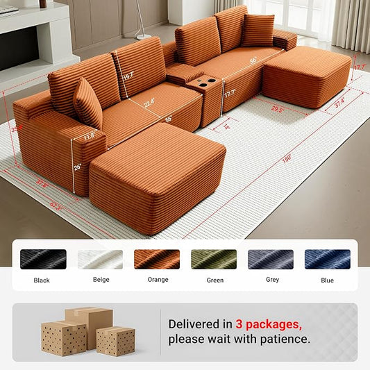 ivoros 150 Inch Modular Sectional Sofa Couch, Oversized Modern Cloud Couch for Living Room, U Shape Couches with 2 Ottomans, USB Ports and Cup Holders, Orange Corduroy Boneless Sofas, Sofa in a Box