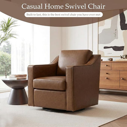 Faux Leather Swivel Accent Chair, 360° Swivel Upholstered Club Armchairs for Living Room, Comfy Single Sofa Reading Chair with Deep Seat, Metal Swivel Base, Coffee