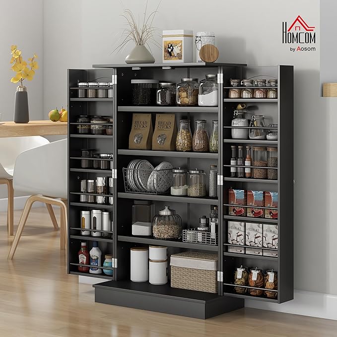 HOMCOM 41" Kitchen Pantry Storage Cabinet, Freestanding Kitchen Cabinet with 12 Door Shelves, Double Doors, 5-Tier Shelving and Adjustable Shelves, Black