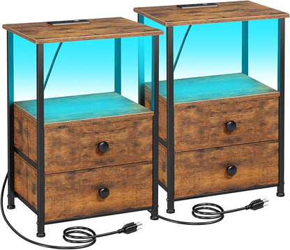 LOAKEKEL Night Stand Set 2, LED Nightstand with Charging Station, End Tables with Storage Shelf for Small Space, Bedside Table with 2 Fabric Drawers for Bedroom, Brown HETS02PQBR