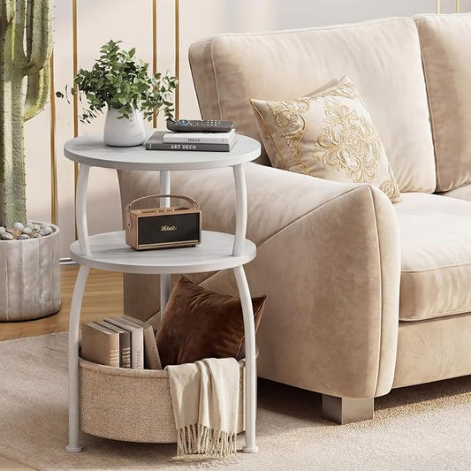 Round Side Table with Storage Basket, End Table Living Room, 15.7in | Side Tables Bedroom, 3-Tier Small End Table for Living Room, Garden, Corner Tables,Small spaces,Wooden, 24in Tall