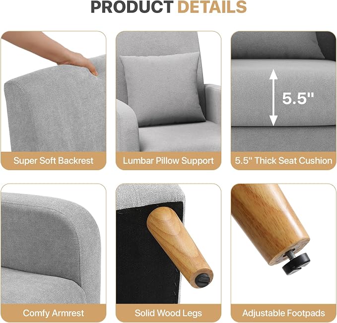 Magshion Mid-Century Accent Chair for Living Room, Comfy Reading Chair for Bedroom, Upholstered Linen Fabric Armchair Single Sofa with Back Pillow & Wood Legs, 300 lbs Capacity, Gray