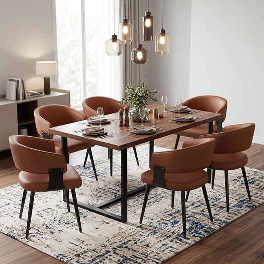 Dining Chairs Set of 6, Modern Upholstered Faux Leather Kitchen Chairs with Curved Back, Easy to Assemble & Clean for Dining Room, Restaurant, Cafe, Brown