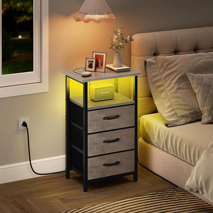 Vagusicc Night Stand with Charging Station, LED Nightstand for Bedroom, Bedside Table with 3 Fabric Drawers, End Table Side Table with USB Ports and Outlets, Bed Side Table for Bedroom, Greige