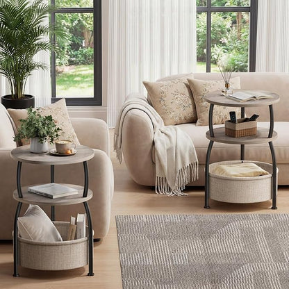 Round Side Table with Storage Basket, End Table Living Room, Greige | Round End Table, Small Bedside Table for Bedroom, 3 Tiers, Sofa Couch Side Table, Linen Storage, Greige 15.75in