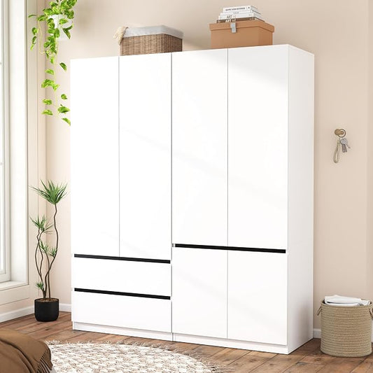 Armoire Wardrobe Closet with Drawers：75" Large White Wardrobe Closet Cabinet with 4 Doors for Hanging Clothes, Modern Wooden Bedroom Armoires with 2 Drawers and Storage (A+C, 63")
