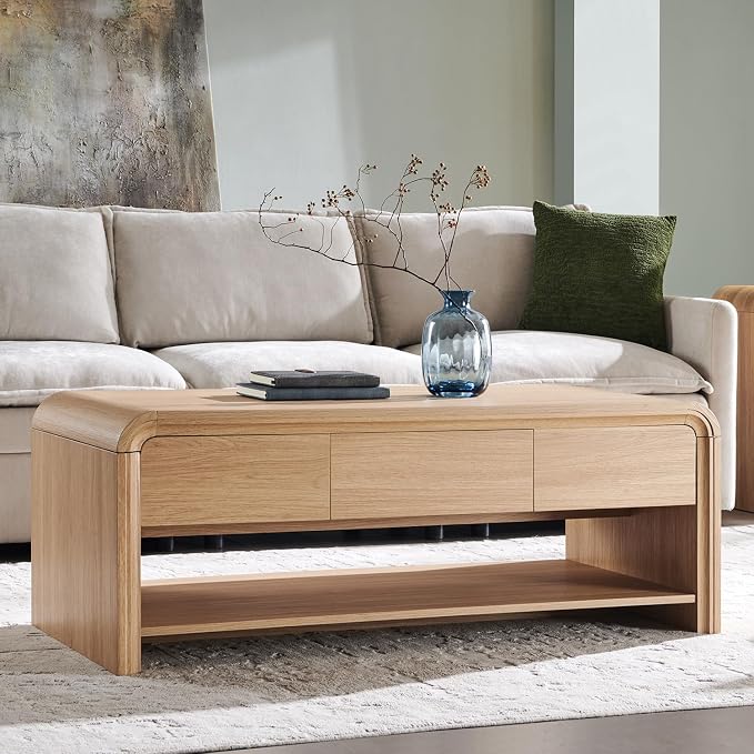 Aitjunz 47" Lift Top Coffee Table with Storage, Modern Coffee Table with Pull-Out Drawer and Two-Tier Storage, Rectangle Wood Center Table w/Curved Profile Design for Living Room, Natural
