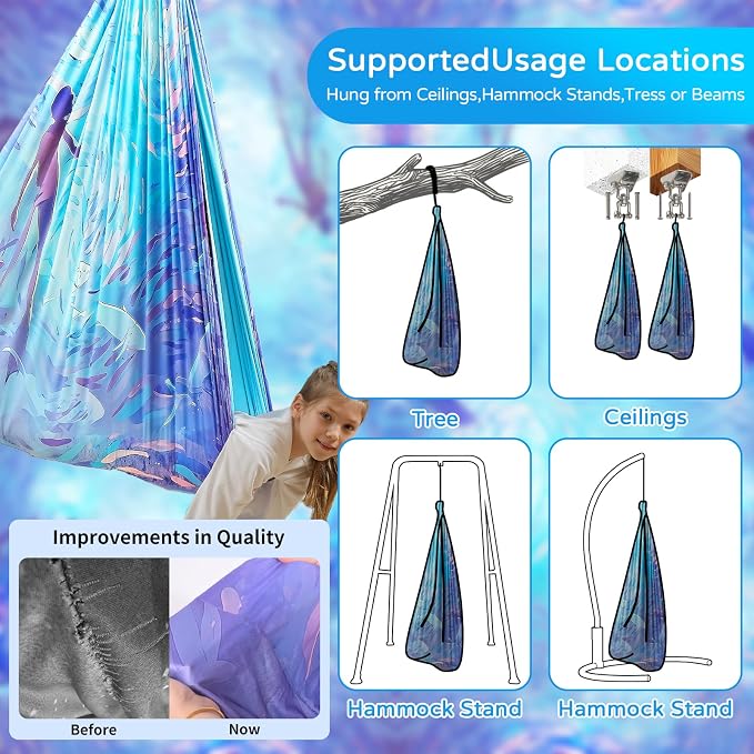 Sensory Swing for Kids Indoor & Outdoor Double Layer Therapy Cuddle Hammock Chair with 360 Swivel Hanger Kit Adjustable Swing for Child and Adult with Aspergers Autism ADHD (Cerulean)