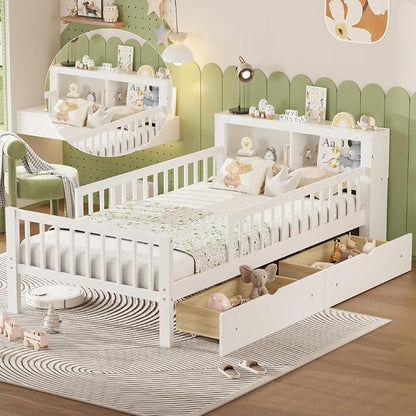 Kids Twin Size Bed Frame with Storage Drawers and Bookcase,Wood Twin Bed Frames for Kids,Twin Bed Frame with Headboard and Footboard for Boys Girls,No Box Spring Needed,White