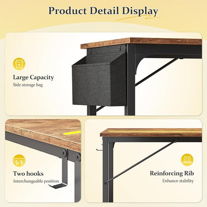 DurayLoly 71"Computer Desk with LED Lights, Large Office Desk for 3 monitors or 2 laptops,Long Desk with Storage Bag&Headphone Hook for Study Writing Work Gaming Desk,Sturdy Metal Frame,Bedroom,Brown
