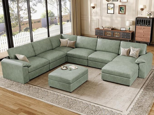 EASE MOOSE Faux Leather Sectional Couch with Ottoman, Oversized Modular Sofa, Vintage Comfy Modular Couch, Scratch Resistant Material Sofas, U Shaped Couch for Living Room, Green