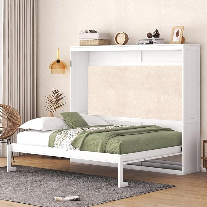 Ball & Cast Queen Size Murphy Bed,Hideaway Beds with Dual Piston Metal Folding Mechanism Designed,Wood Wall Cabinets Bedframe w/Slat Support and Storage Platform Top,Hardware Chain,for Apartment,White