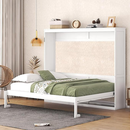 Ball & Cast Queen Size Murphy Bed,Hideaway Beds with Dual Piston Metal Folding Mechanism Designed,Wood Wall Cabinets Bedframe w/Slat Support and Storage Platform Top,Hardware Chain,for Apartment,White