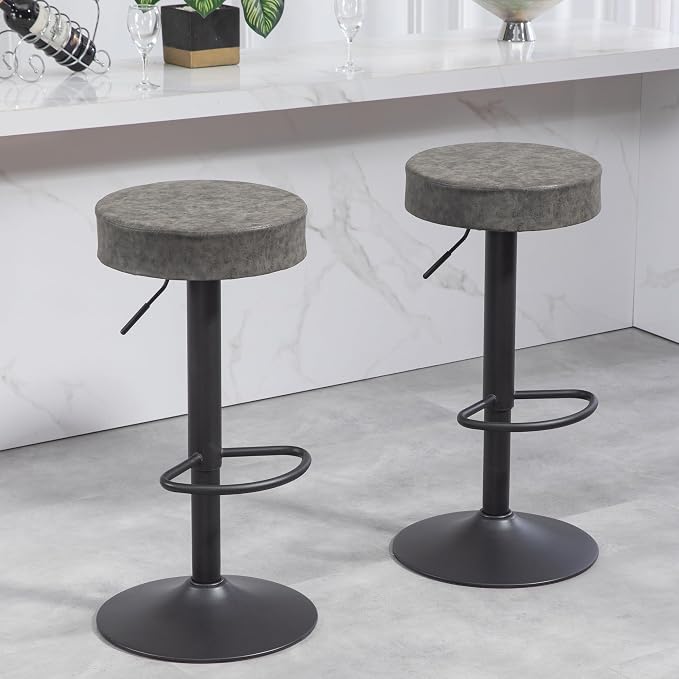 Finnhomy Bar Stools Set of 2 Counter Height, Swivel Barstools with Footrest and Backless Round, Height Adjustable Modern Bar stools for Kitchen, Vintage Leather, Retro Grey